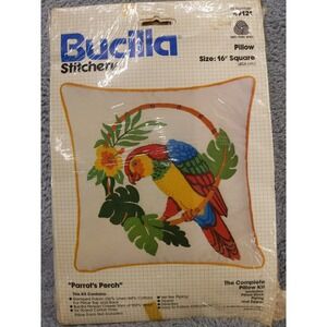 Vintage Bucilla Crewel Pillow Kit Parrots Perch Bird Flowers Wool Linen 16"